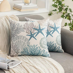 2pcs Nautical Coastal Throw Pillow Covers - Ocean Beach Seashell Coral Starfish