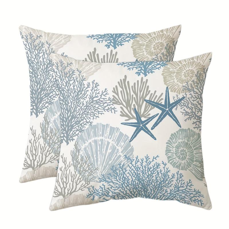 2pcs Nautical Coastal Throw Pillow Covers - Ocean Beach Seashell Coral Starfish