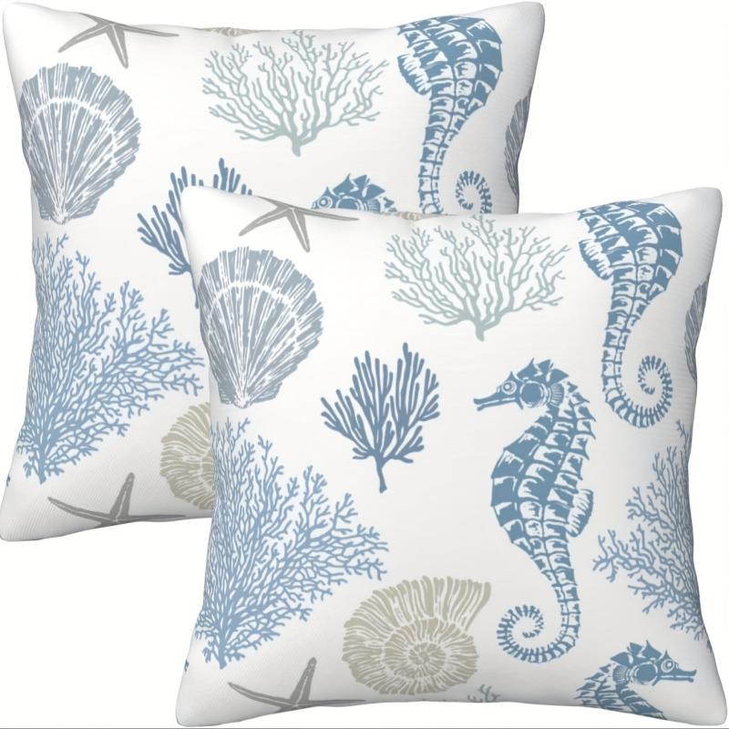 2pcs Nautical Coastal Throw Pillow Covers - Ocean Beach Seashell Coral Starfish