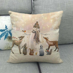 Festive Christmas Elk and Snowman Linen Cushion Cover