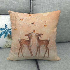 Festive Christmas Elk and Snowman Linen Cushion Cover