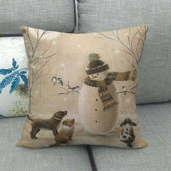 Festive Christmas Elk and Snowman Linen Cushion Cover