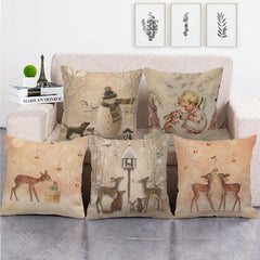 Festive Christmas Elk and Snowman Linen Cushion Cover