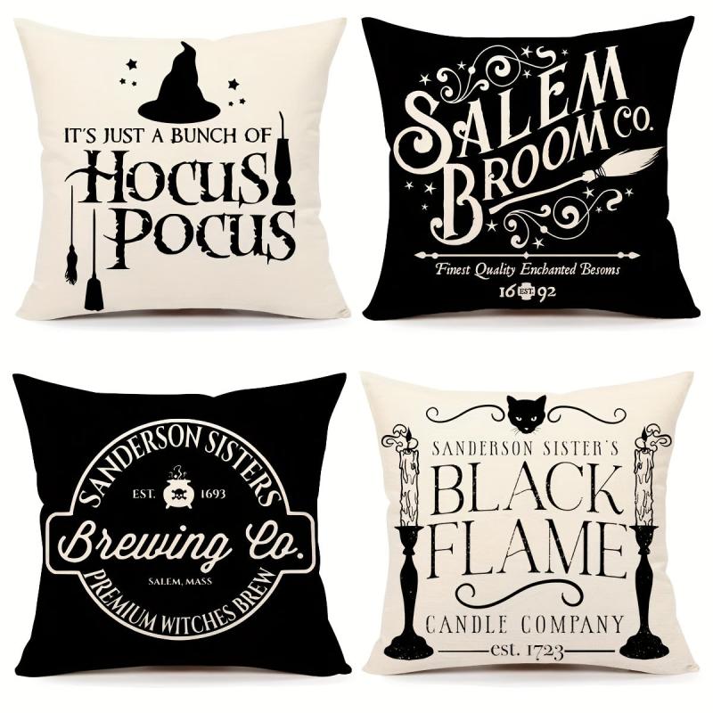 4pcs Halloween Linen Cushion Cover 18x18 Fall Zipper Pillow Cover Home Decor