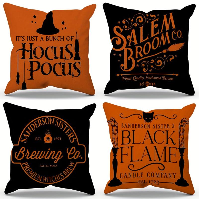 4pcs Halloween Linen Cushion Cover 18x18 Fall Zipper Pillow Cover Home Decor