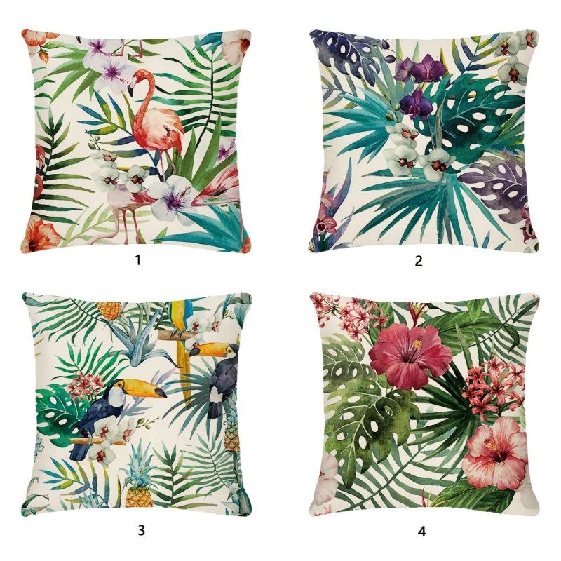 Tropical Flower Throw Pillow Cushion Cover Palm Tree Leaf Cotton Linen Decor