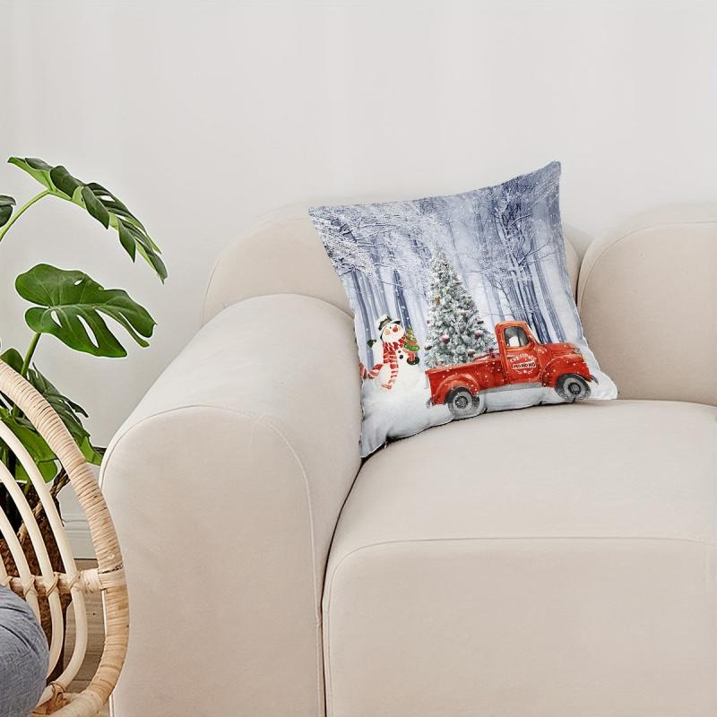 Christmas Snowman Car Pattern Print Throw Pillow Cover Home Decor