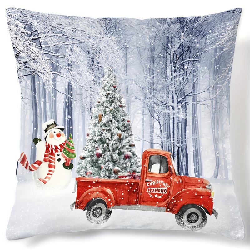Christmas Snowman Car Pattern Print Throw Pillow Cover Home Decor