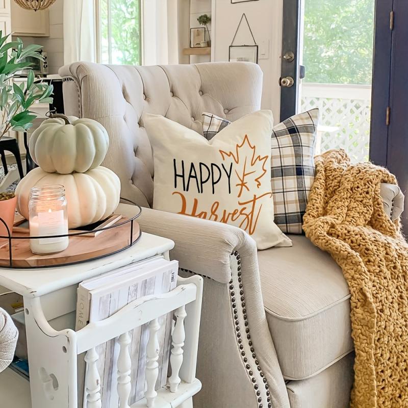 Fall Linen Blend Throw Pillow Case Pumpkin Leaves Square Cushion