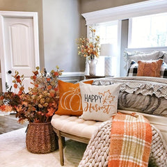 Fall Linen Blend Throw Pillow Case Pumpkin Leaves Square Cushion