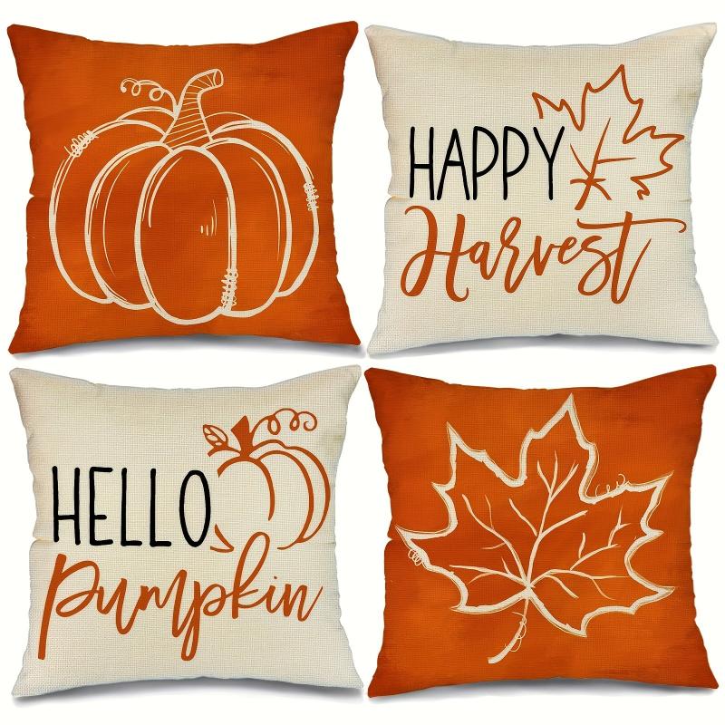 Fall Linen Blend Throw Pillow Case Pumpkin Leaves Square Cushion