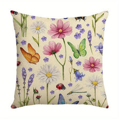 Flower Printed Throw Pillow Cover Butterfly Dragonfly Linen Blend Pillowcase