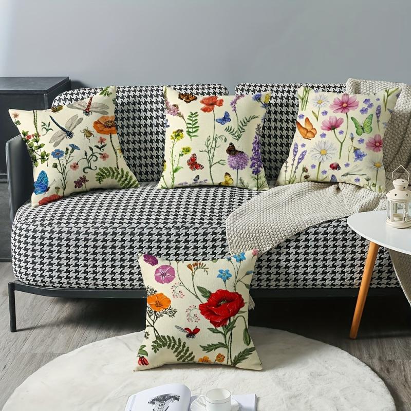 Flower Printed Throw Pillow Cover Butterfly Dragonfly Linen Blend Pillowcase