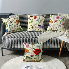 Flower Printed Throw Pillow Cover Butterfly Dragonfly Linen Blend Pillowcase