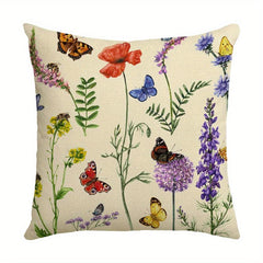 Flower Printed Throw Pillow Cover Butterfly Dragonfly Linen Blend Pillowcase