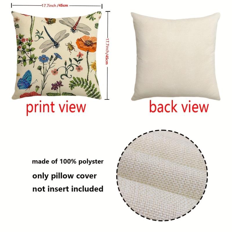 Flower Printed Throw Pillow Cover Butterfly Dragonfly Linen Blend Pillowcase