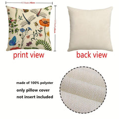 Flower Printed Throw Pillow Cover Butterfly Dragonfly Linen Blend Pillowcase