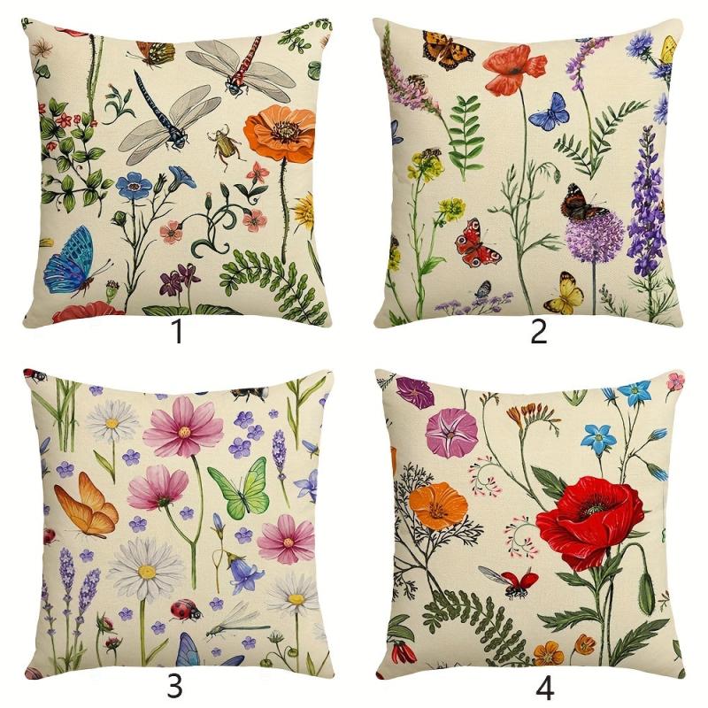 Flower Printed Throw Pillow Cover Butterfly Dragonfly Linen Blend Pillowcase