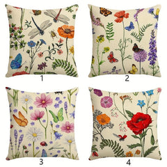 Flower Printed Throw Pillow Cover Butterfly Dragonfly Linen Blend Pillowcase