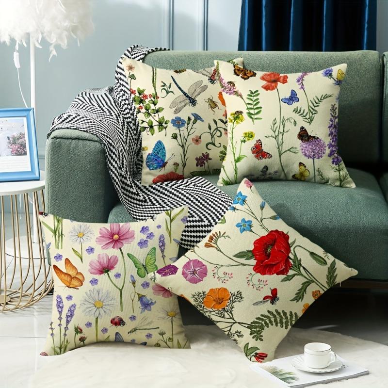 Flower Printed Throw Pillow Cover Butterfly Dragonfly Linen Blend Pillowcase