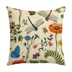 Flower Printed Throw Pillow Cover Butterfly Dragonfly Linen Blend Pillowcase
