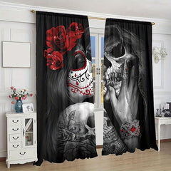 2pcs Halloween Red Rose Gothic Skeleton Curtain