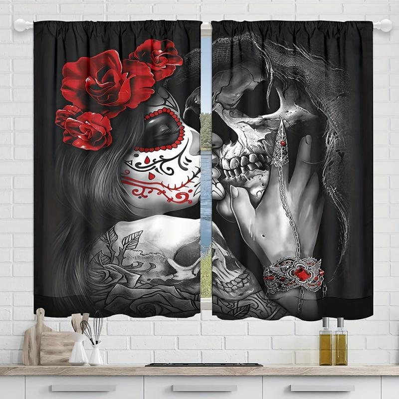 2pcs Halloween Red Rose Gothic Skeleton Curtain