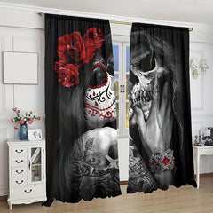 2pcs Halloween Red Rose Gothic Skeleton Curtain