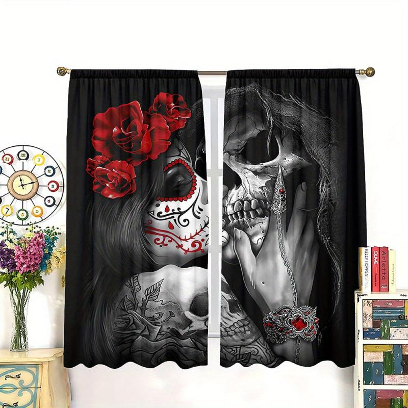 2pcs Halloween Red Rose Gothic Skeleton Curtain
