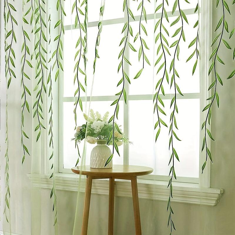 Willow Leaf Strip Sheer Curtains Rod Pocket for Home Decor