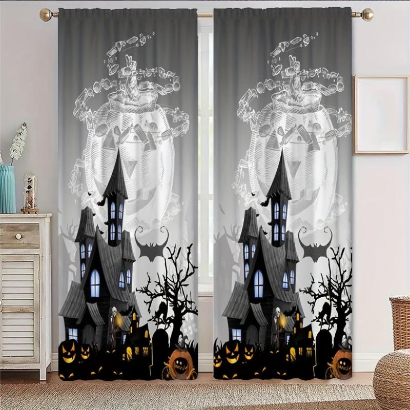 Halloween Curtains Castle Pumpkin Bat Printed Translucent Curtains