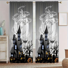 Halloween Curtains Castle Pumpkin Bat Printed Translucent Curtains