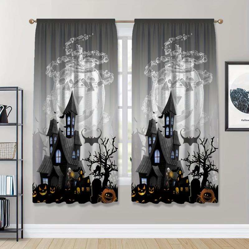 Halloween Curtains Castle Pumpkin Bat Printed Translucent Curtains
