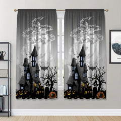 Halloween Curtains Castle Pumpkin Bat Printed Translucent Curtains