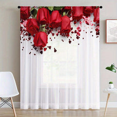 Semi Sheer Red Roses Heart Voile Curtain for Living Room Bedroom Kitchen Cafe