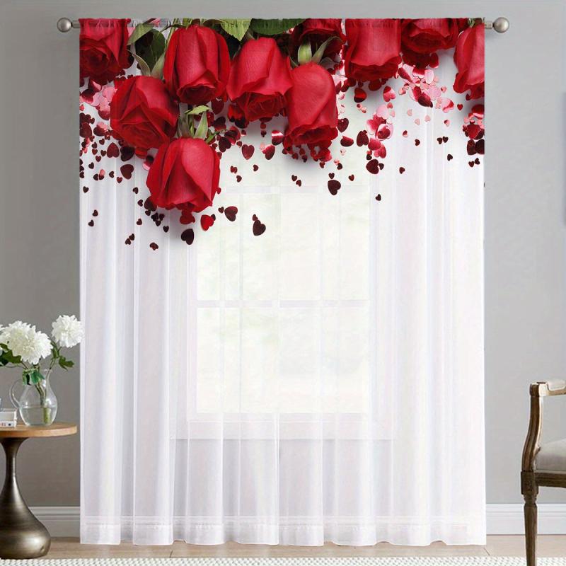Semi Sheer Red Roses Heart Voile Curtain for Living Room Bedroom Kitchen Cafe