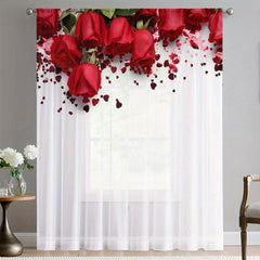 Semi Sheer Red Roses Heart Voile Curtain for Living Room Bedroom Kitchen Cafe