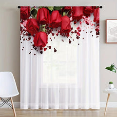 Semi Sheer Red Roses Heart Voile Curtain for Living Room Bedroom Kitchen Cafe