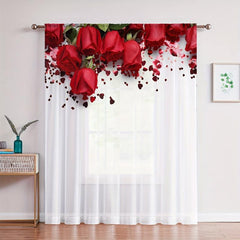 Semi Sheer Red Roses Heart Voile Curtain for Living Room Bedroom Kitchen Cafe