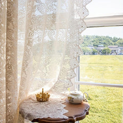 French Romantic Lace Sheer Curtain with Faux Pearl Detail