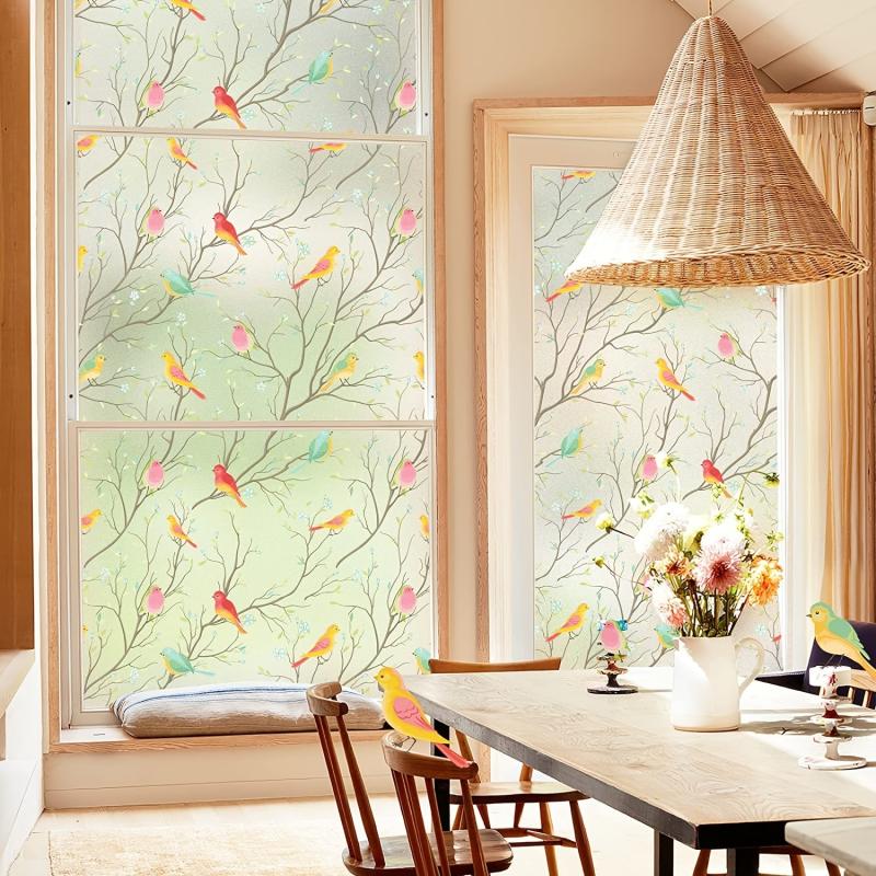 Colorful Bird Pattern Privacy Window Film Static Cling Anti UV