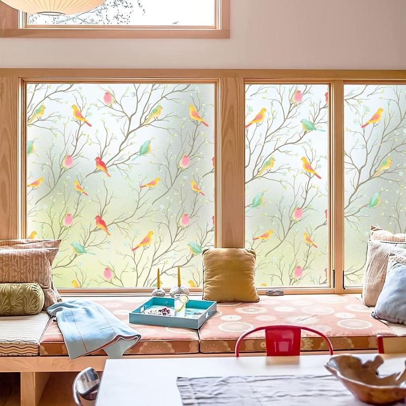 Colorful Bird Pattern Privacy Window Film Static Cling Anti UV