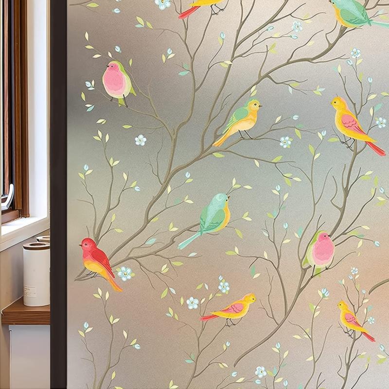 Colorful Bird Pattern Privacy Window Film Static Cling Anti UV