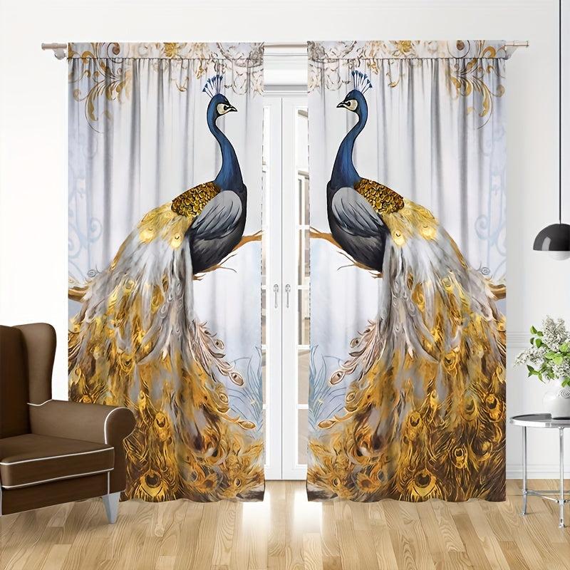 2pcs Golden Feather Peacock Curtains