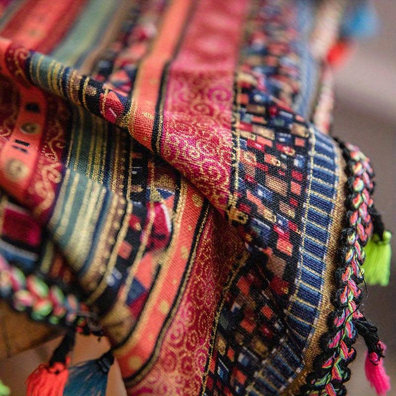 Boho Multicolor Curtain with Red Stripes & Tassels