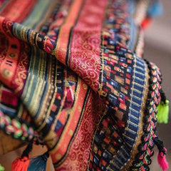 Boho Multicolor Curtain with Red Stripes & Tassels