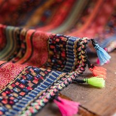 Boho Multicolor Curtain with Red Stripes & Tassels