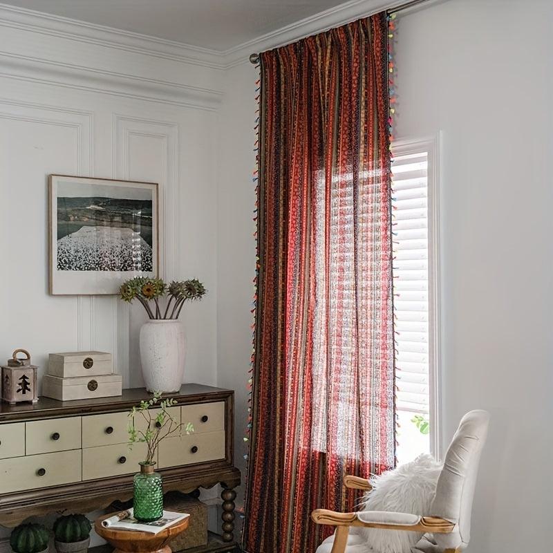 Boho Multicolor Curtain with Red Stripes & Tassels