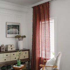 Boho Multicolor Curtain with Red Stripes & Tassels