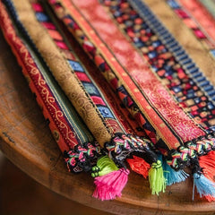 Boho Multicolor Curtain with Red Stripes & Tassels